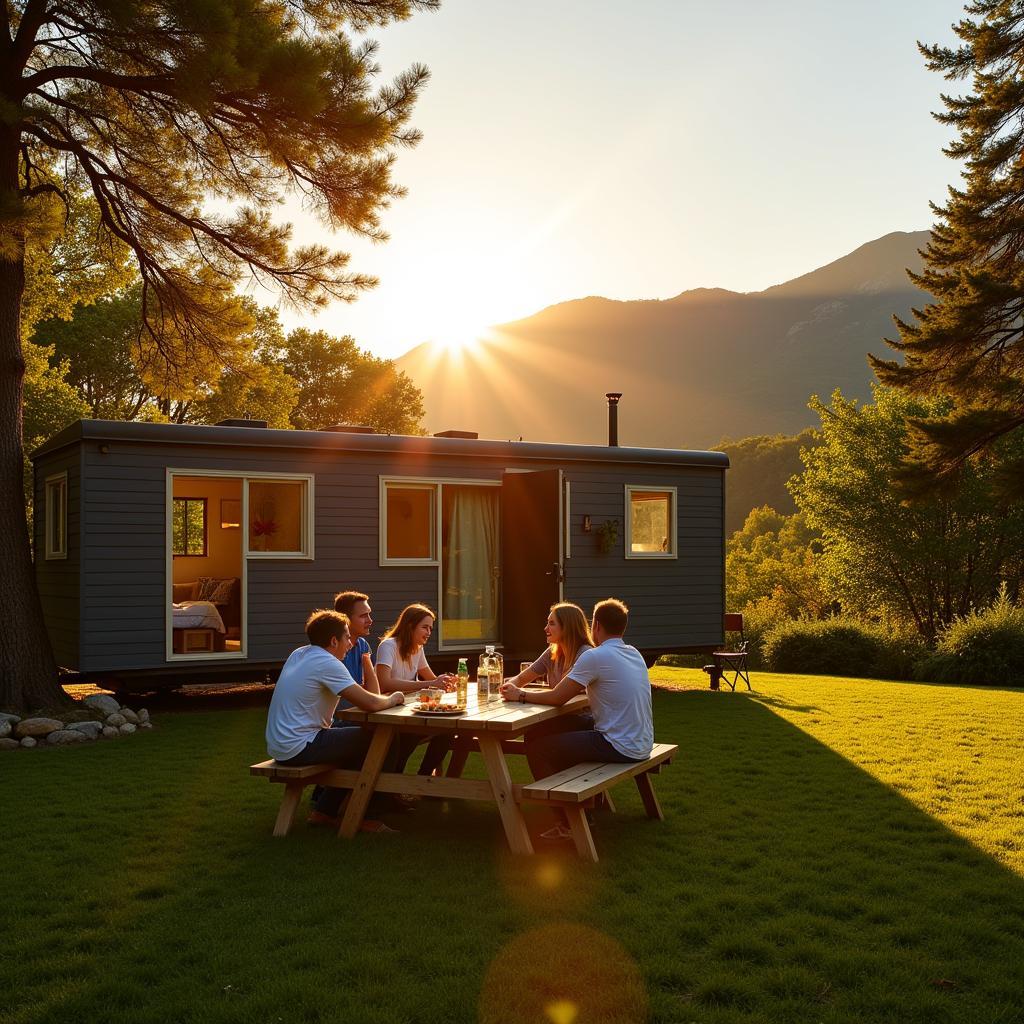 Family enjoying a meal outside their mobil home at a campsite near Madrid