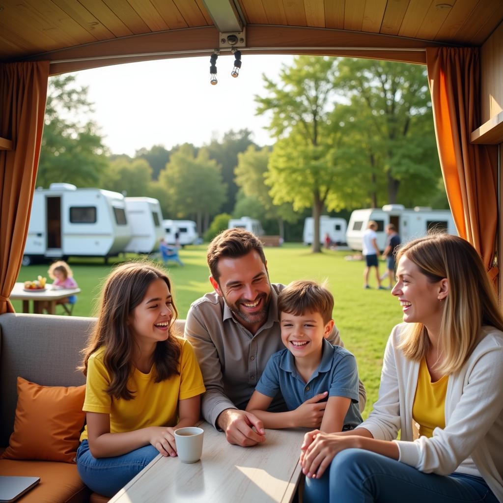 Family enjoying a mobil home stay at a campsite in Valencia