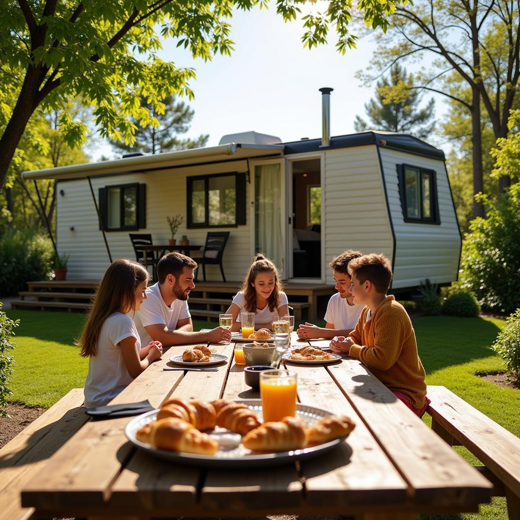 Family enjoying breakfast outside their mobil home in Valencia Nuevas.