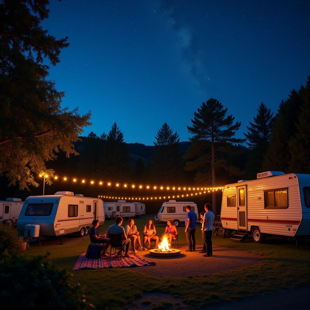  A mobile home campsite lit up at night with string lights