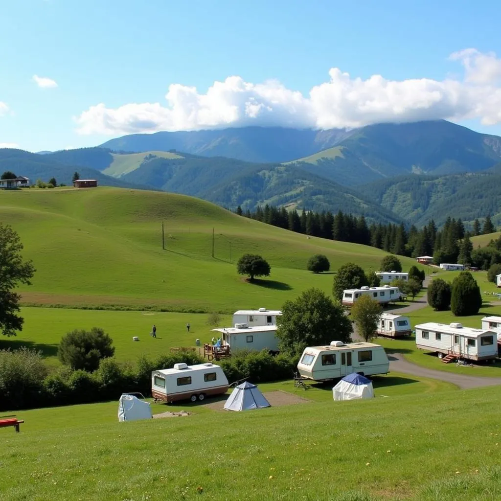 Mobile home campsite with scenic mountain view