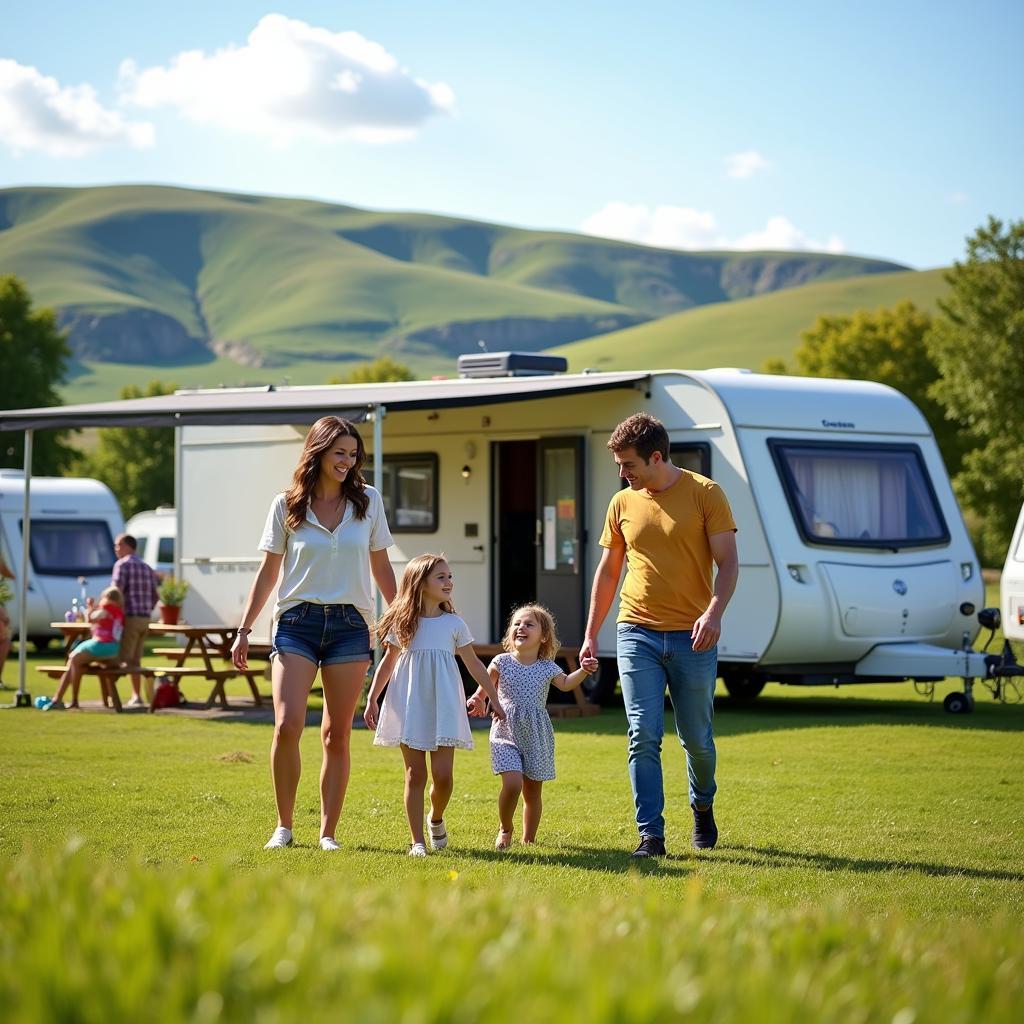 Family enjoying their mobile home vacation in a Spanish campsite