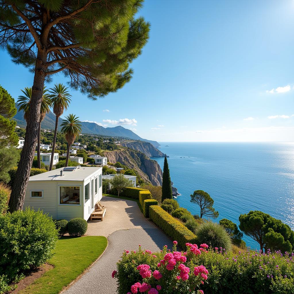 A mobile home nestled amidst lush greenery overlooking the sparkling Mediterranean Sea