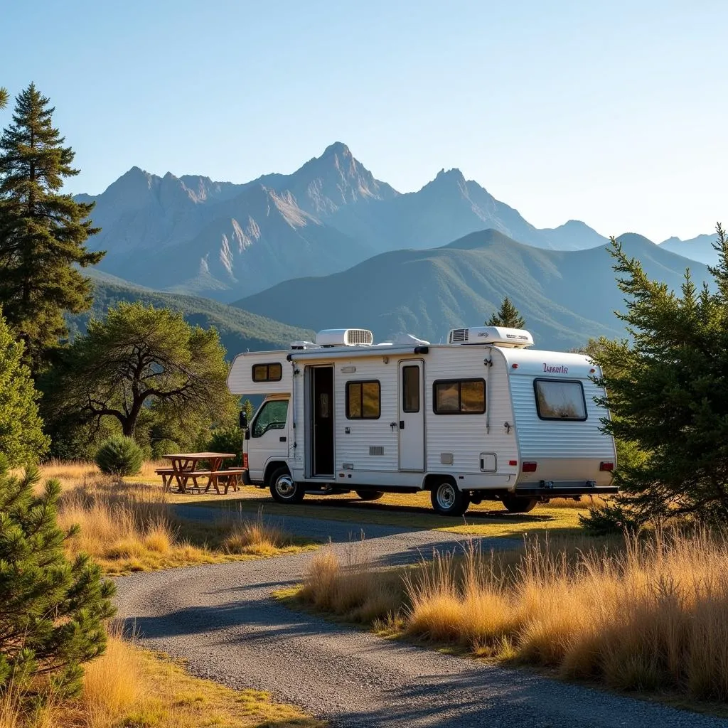 A scenic view of a mobile home parked at a campsite with the majestic Guadarrama Mountains in the backdrop