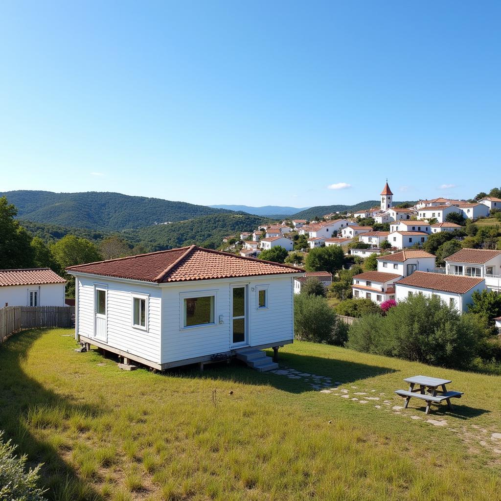 A mobile home parked on a hill overlooking a traditional Spanish village