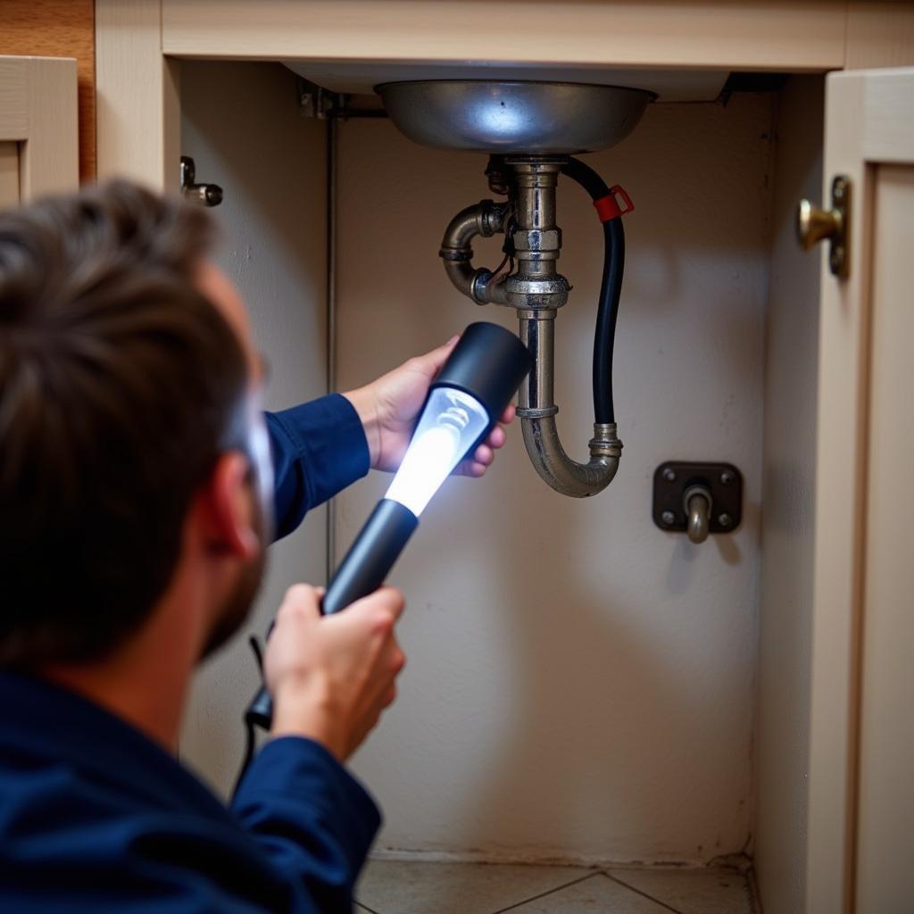 Inspecting Under-Sink Plumbing in a Mobile Home