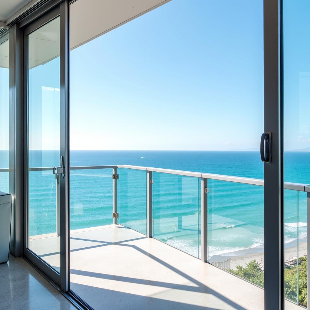 Modern mobile home porch with ocean view