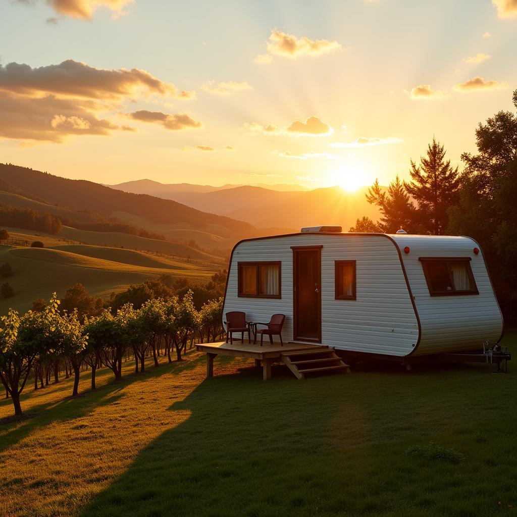 Mobile home parked amidst rolling hills in Spain