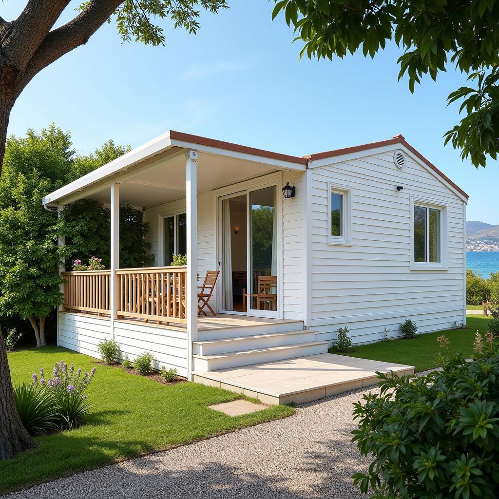 Mobile home with skirting overlooking the Mediterranean Sea