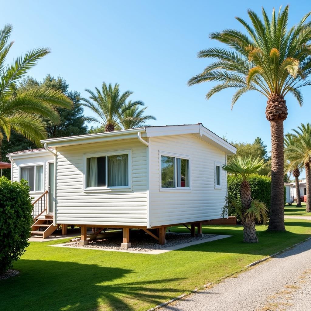 Modern mobile home situated on a picturesque Spanish campsite