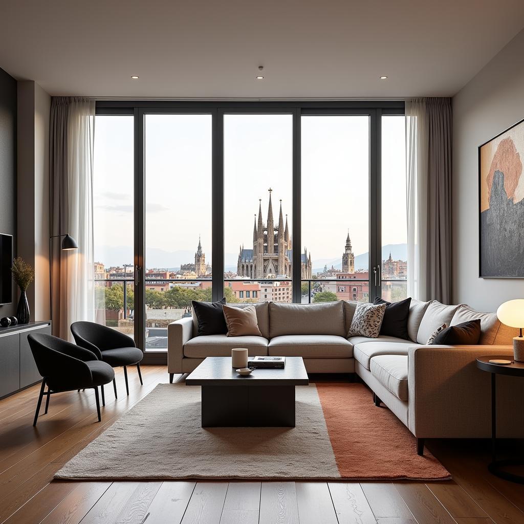 Modern apartment with balcony overlooking Barcelona cityscape