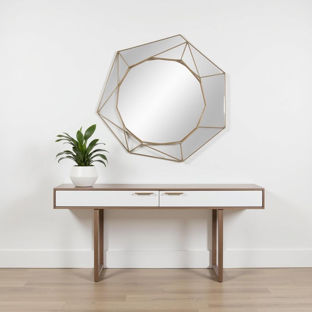  A modern Kenay Home recibidor featuring a minimalist console table and a geometric mirror