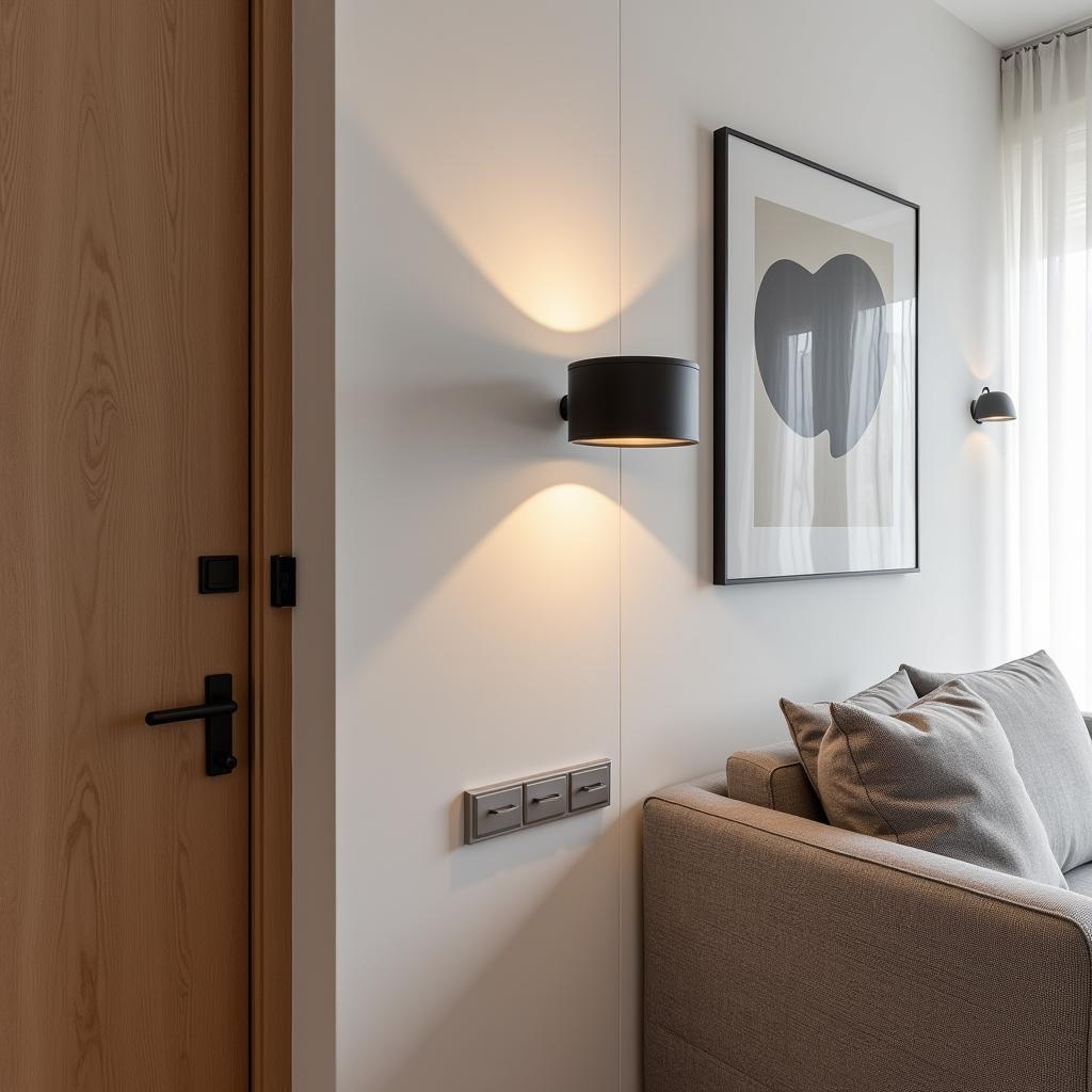 Modern Spanish apartment featuring sleek, minimalist wall sconces