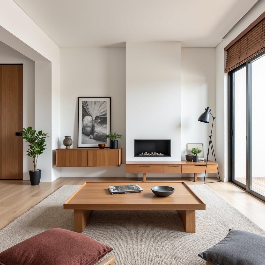 Modern Spanish living room with wooden coffee table