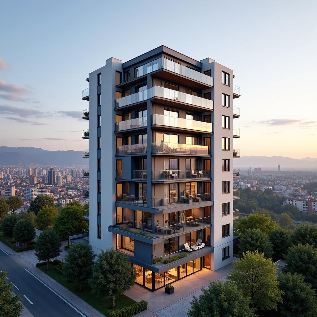 Modern apartment building with balconies overlooking the city