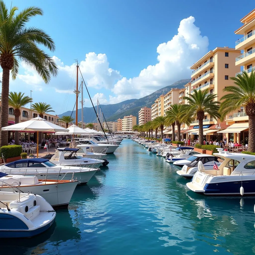 Picturesque Moraira marina with yachts and boats docked, surrounded by restaurants and shops