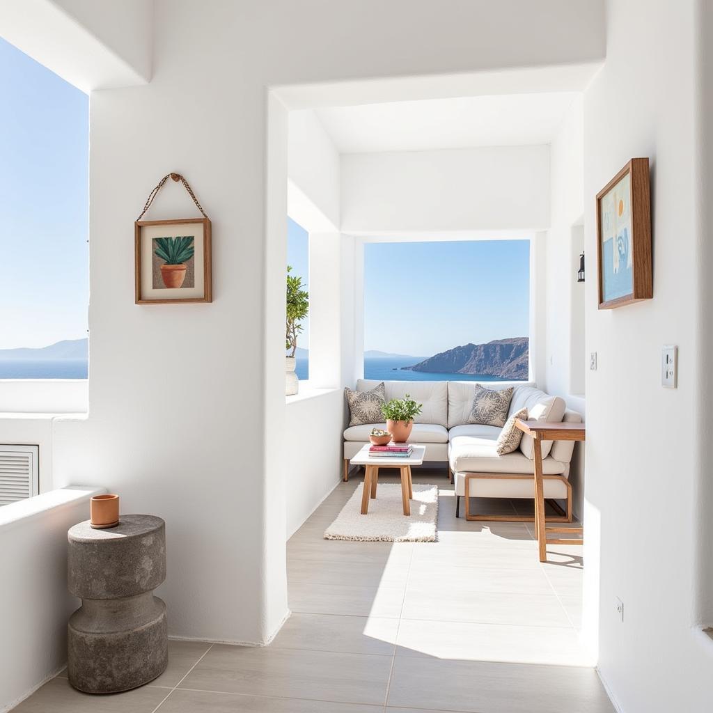 Interior of a Nefeli home with white-washed walls, local art and comfortable furnishings