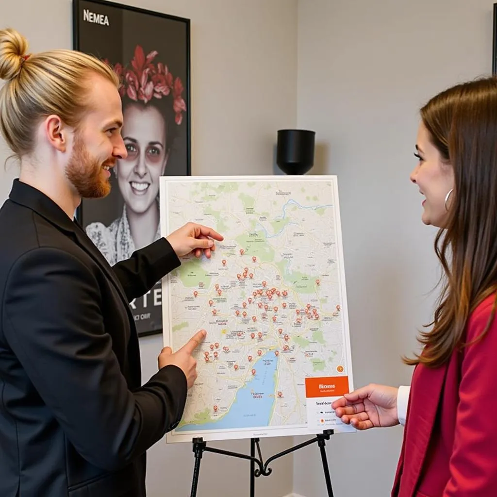 Concierge at Nemea Appart Hotel pointing to local attractions on a map