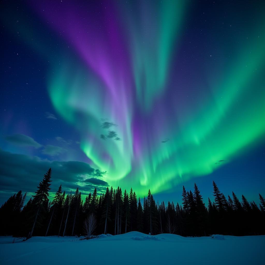 Vibrant green and purple Northern Lights dancing across the night sky