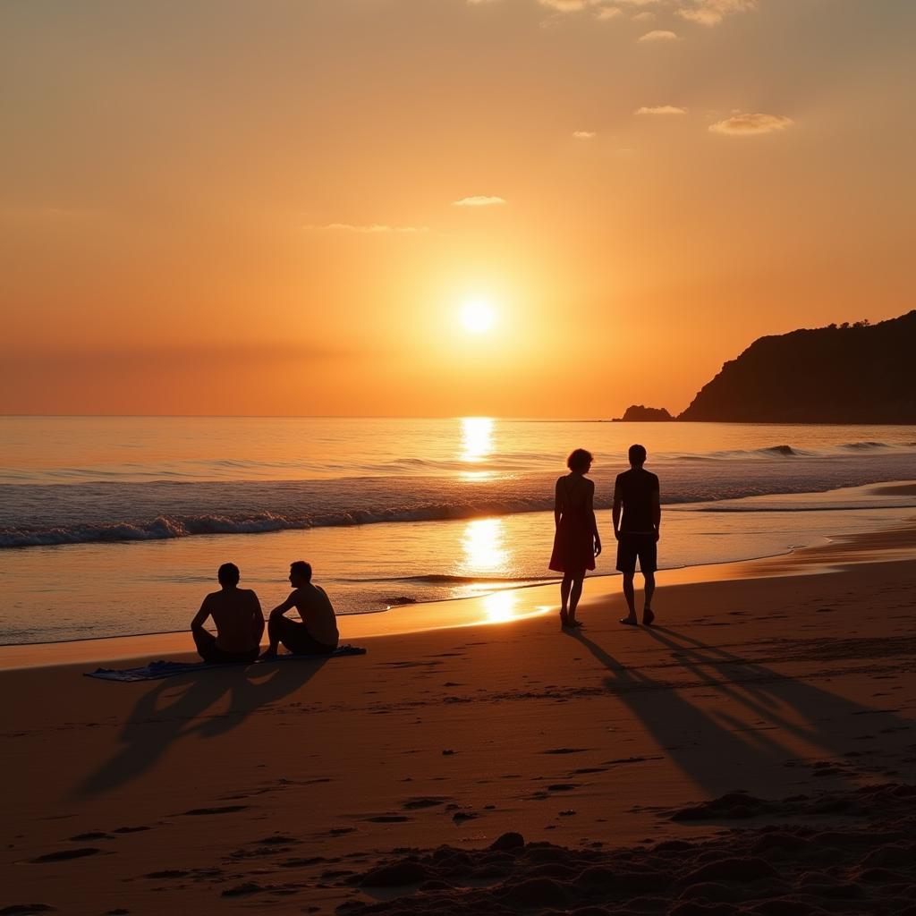 Silhouettes of people enjoying sunset on a nude beach in Spain