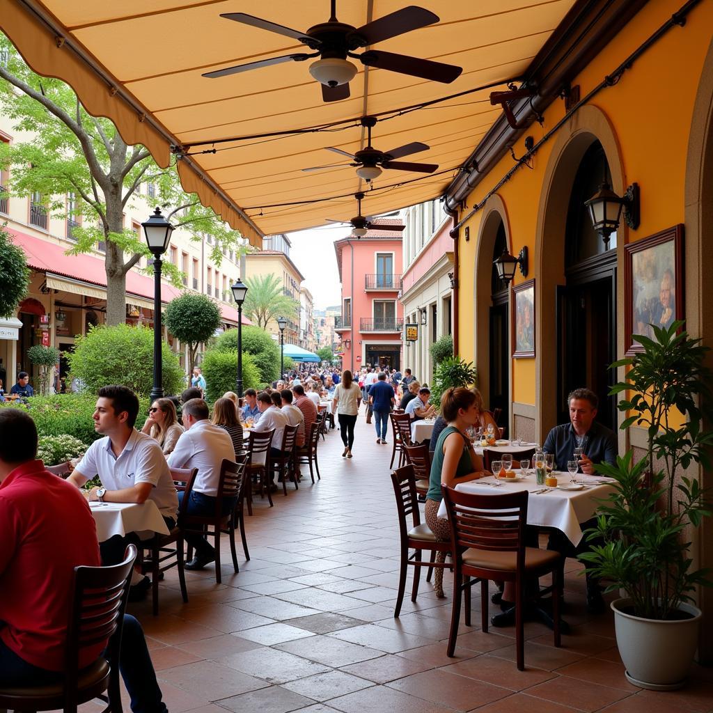  Lively outdoor cafe in Spain with ceiling fans