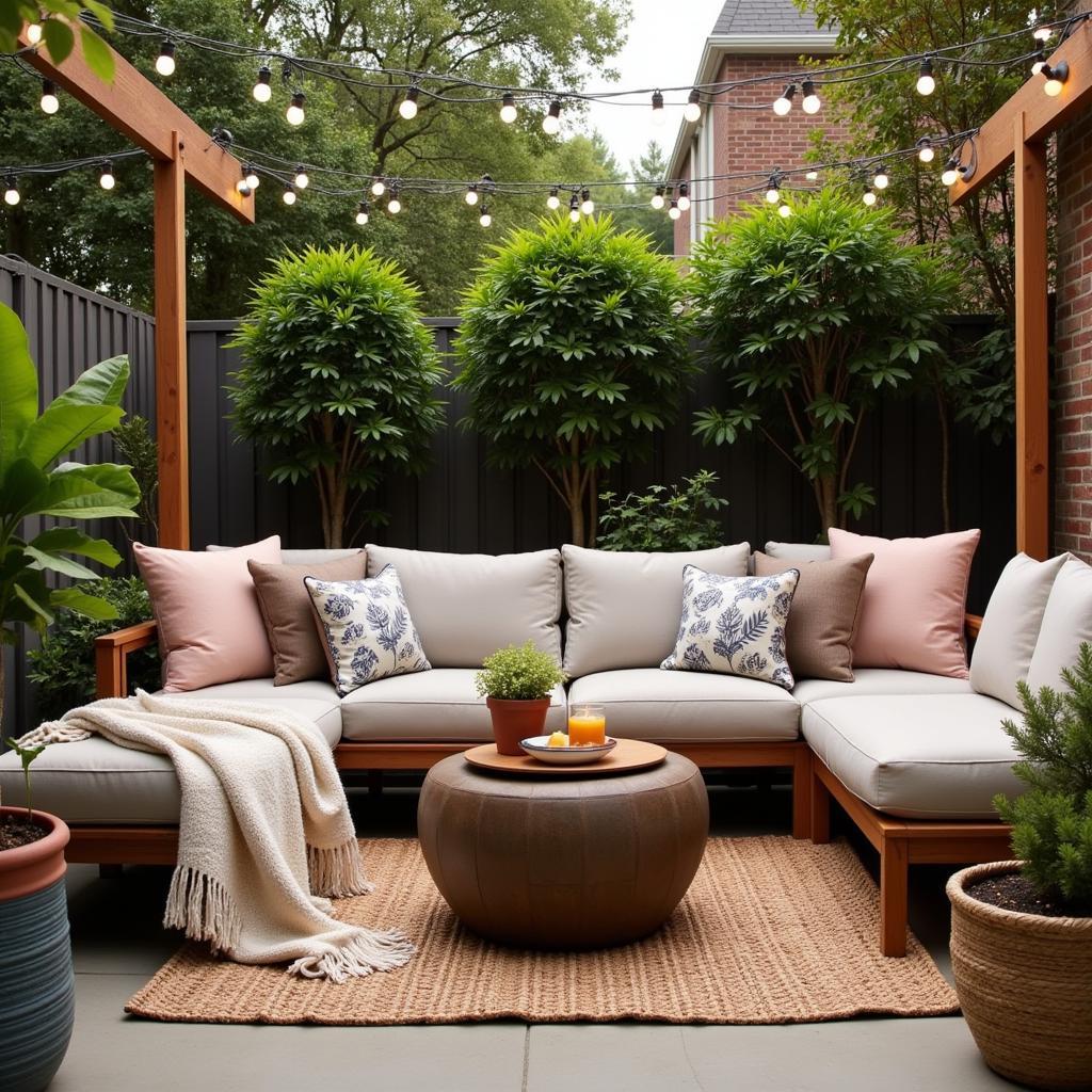 A cozy outdoor living space with a Kave Home sofa exterior.