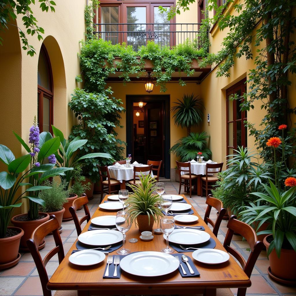 A charming courtyard with outdoor furniture arranged for a relaxing dining experience