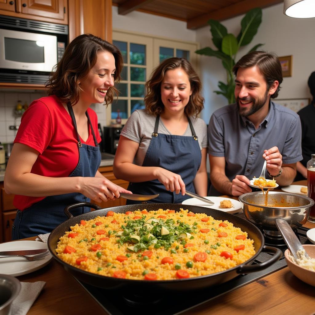 Guests learning to make paella in a Spanish kitchen