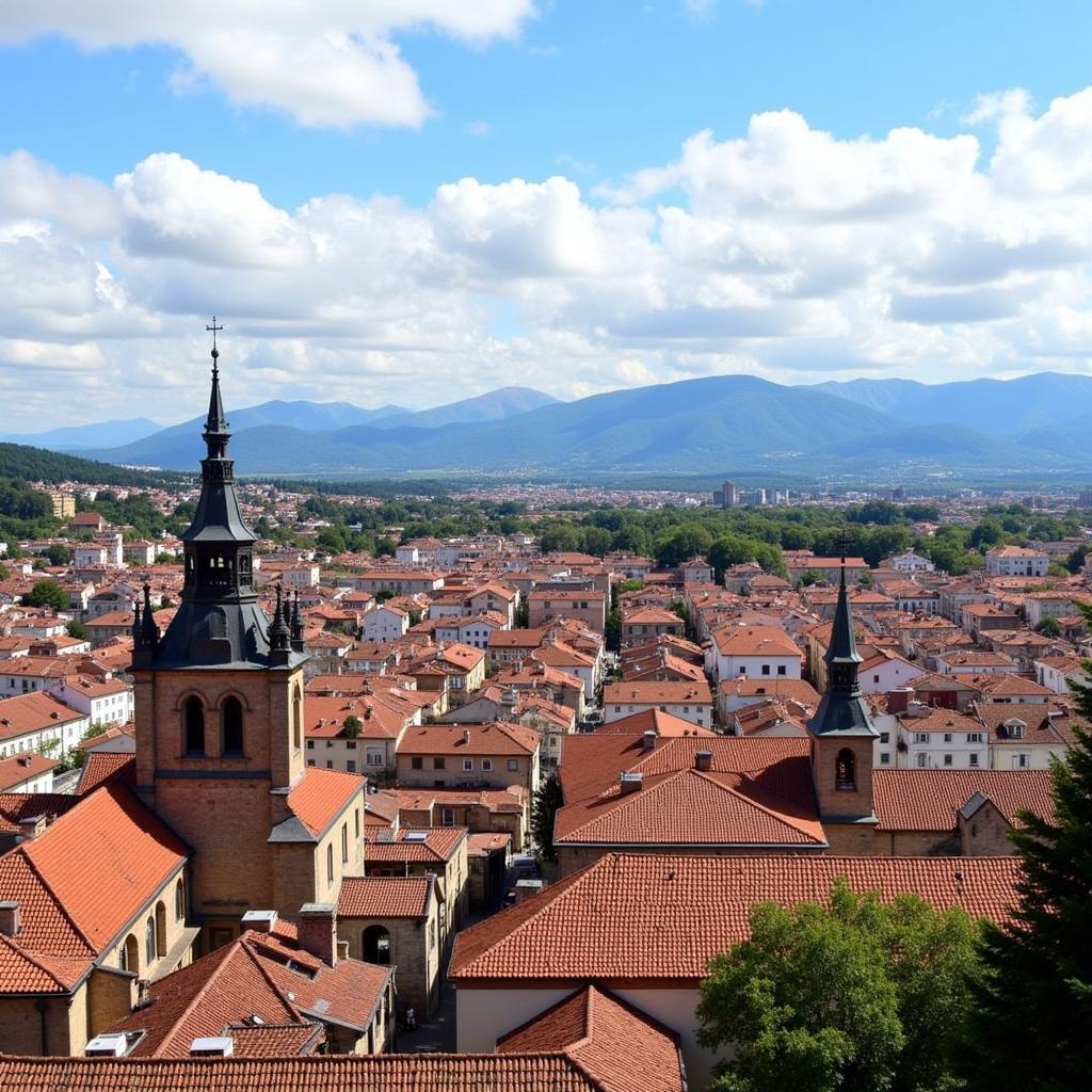 Panoramic view of Pamplona's cityscape with its historic center and surrounding hills