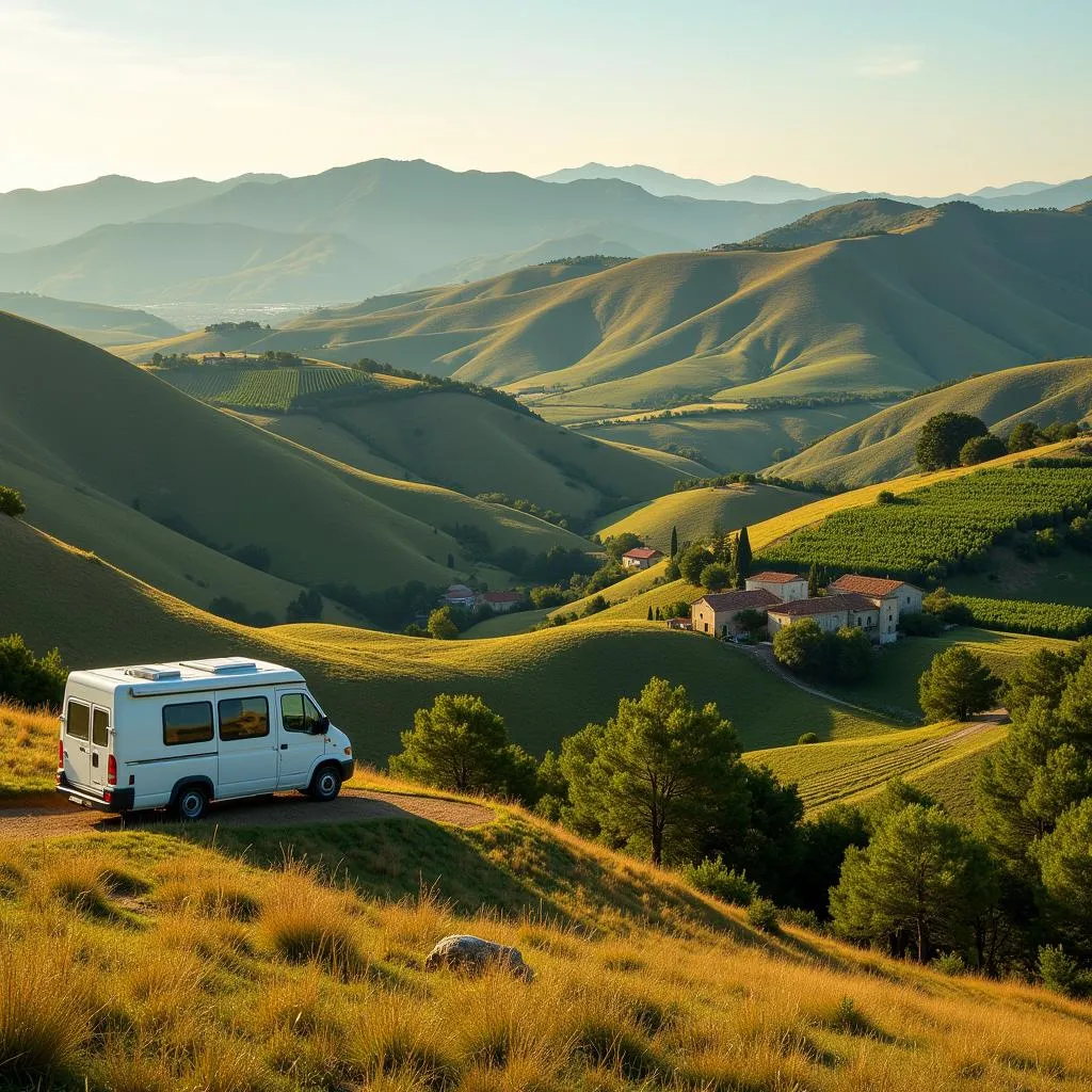 Panoramic view of Spanish countryside with parked campervan