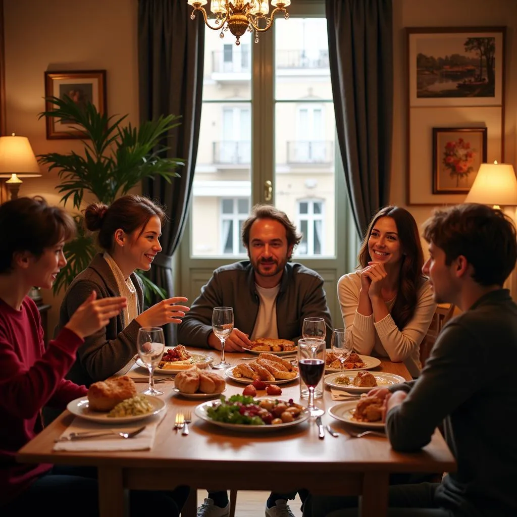 A Parisian family gathers around a table, enjoying a meal and lively conversation.