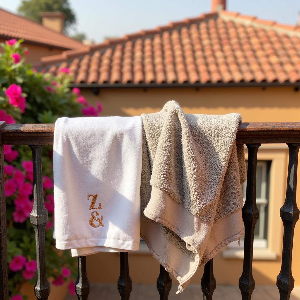 Personalized Zara Home towels draped over a balcony railing with a view of a Spanish courtyard