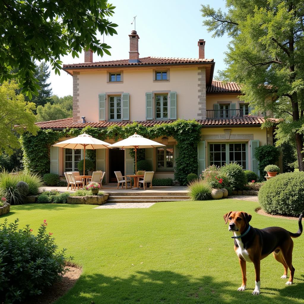 Dog running through a Spanish villa