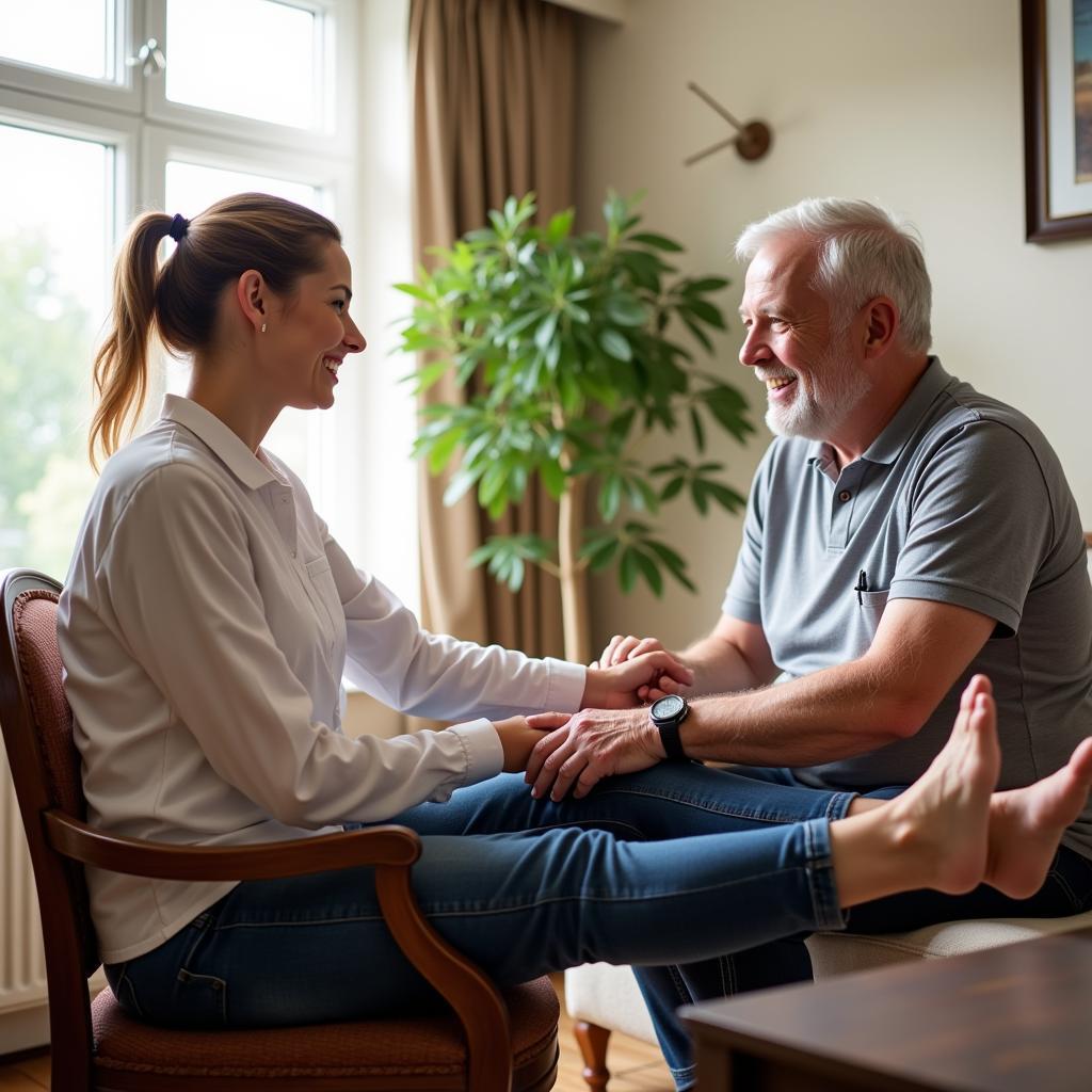 A smiling physiotherapist conducts an in-home session with a patient