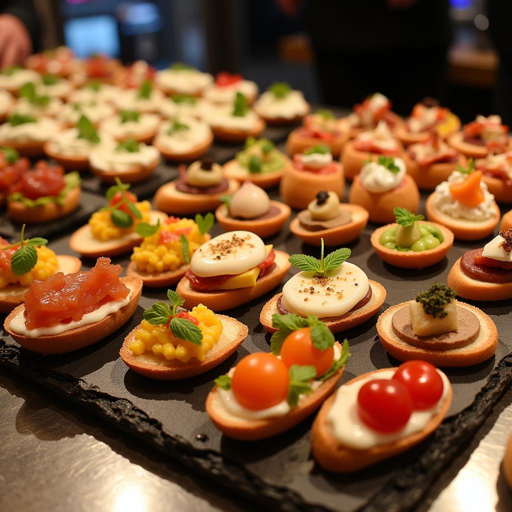 Delicious pintxos displayed on a bar in San Sebastian, Spain