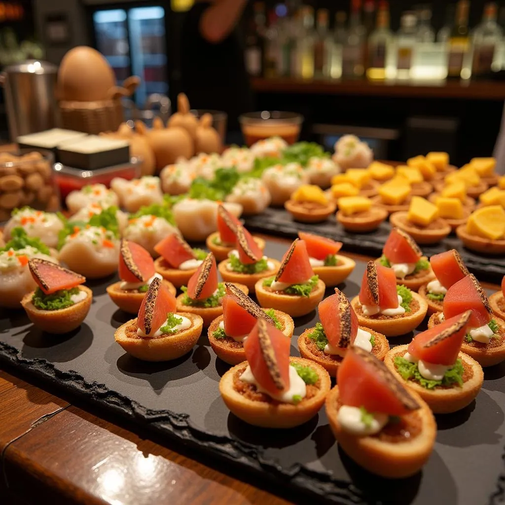 Colorful display of pintxos in a San Sebastian bar