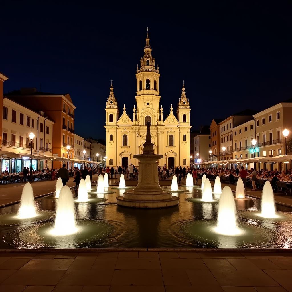 The bustling Plaza del Pilar in Zaragoza illuminated at night