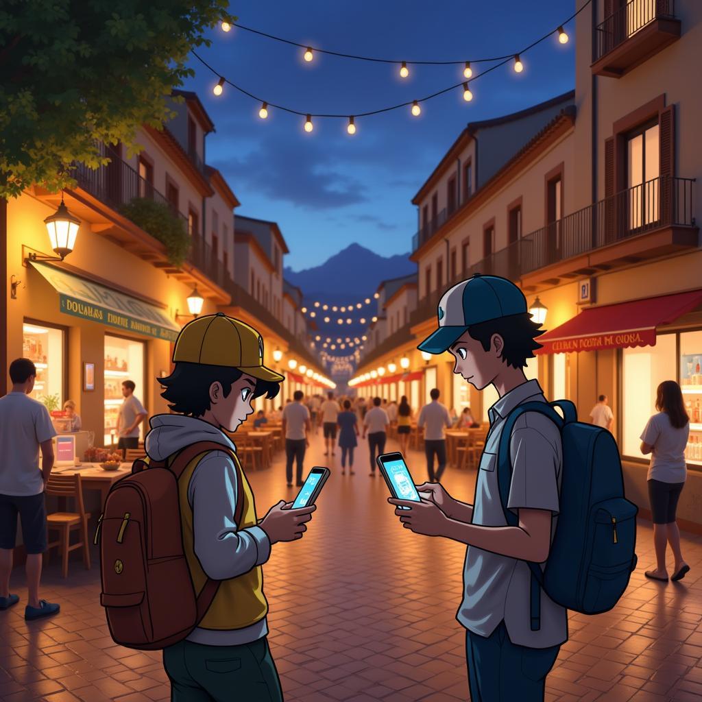 Pokémon Trainers Trading in a Spanish Plaza