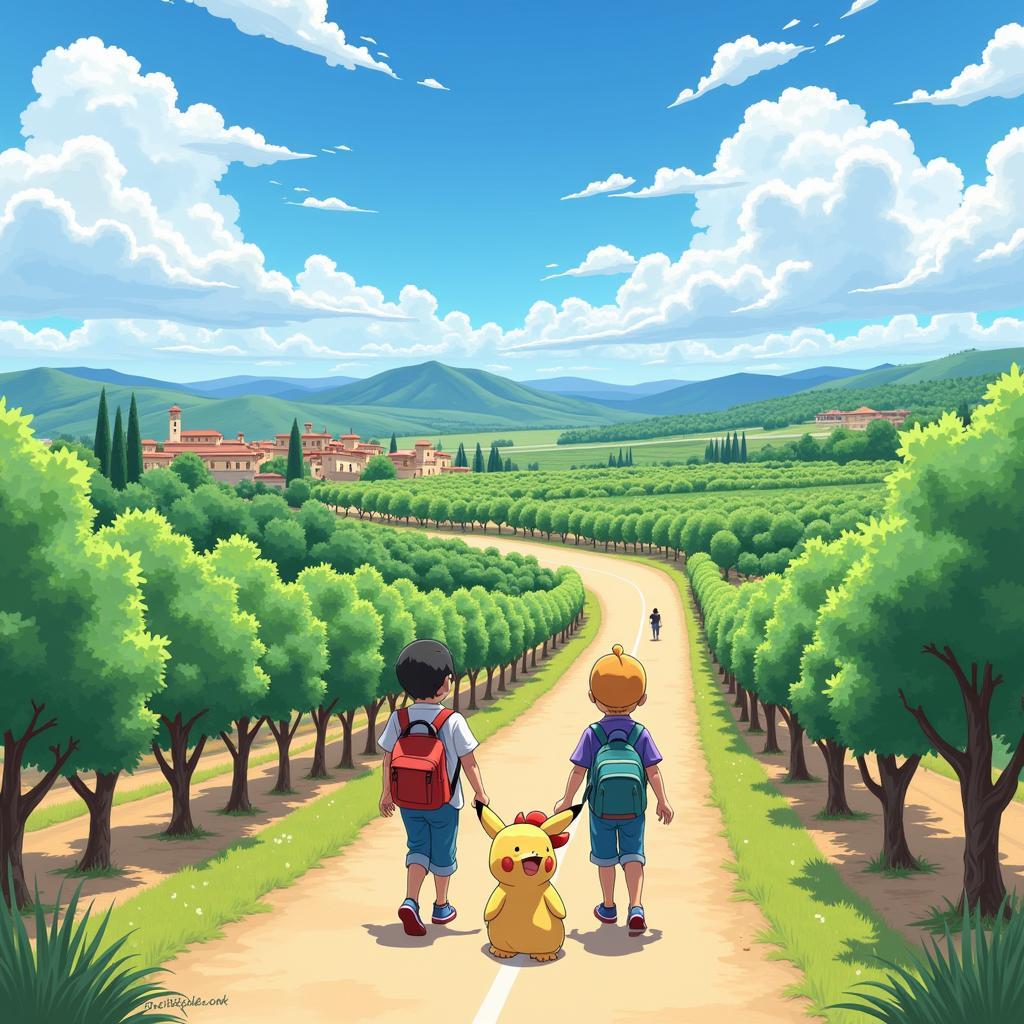 Pokémon Trainers Exploring the Spanish Countryside