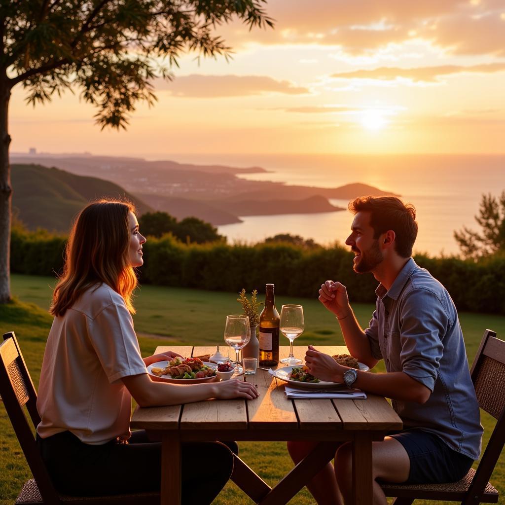 Couple enjoying dinner with a view from their mobile home