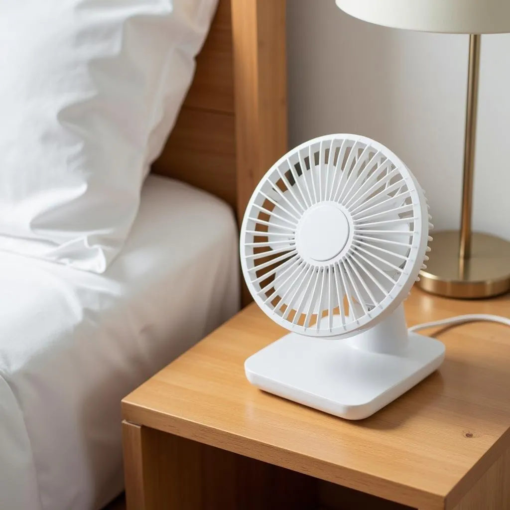 White desk fan on a bedside table