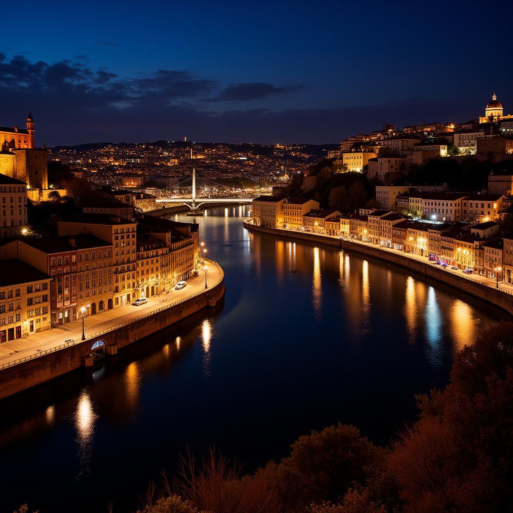 The Ribeira district at night, illuminated by warm lights, in Porto, Portugal.