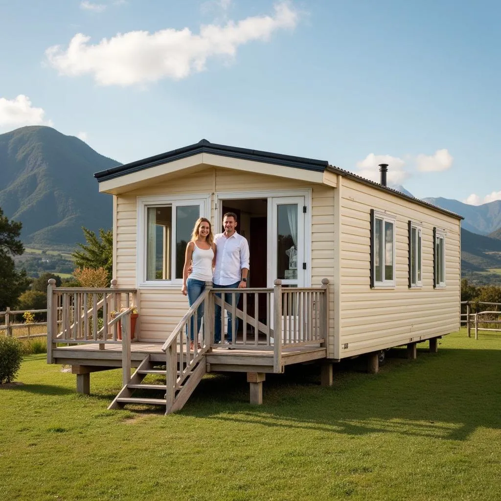 Couple smiling in front of their pre-owned mobile home in the Madrid countryside