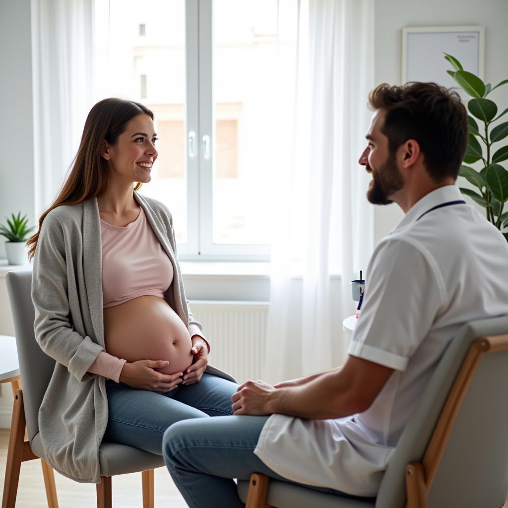 Pregnant woman consulting with a doctor in Spain