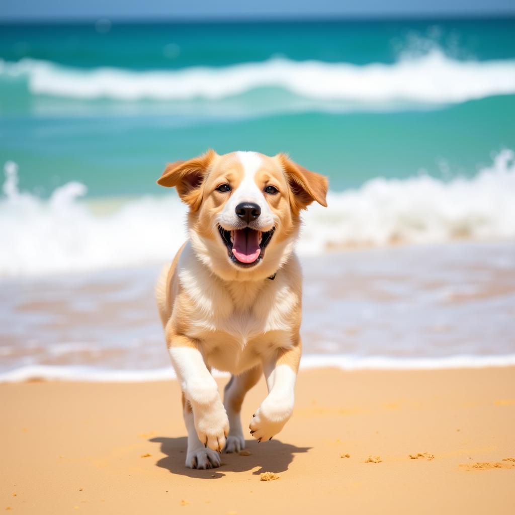 A happy puppy playing fetch on a Spanish beach