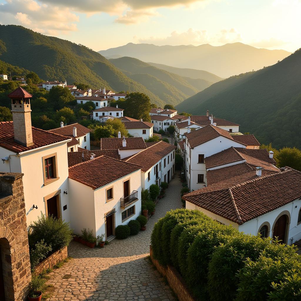 Serene view of a quiet Spanish village, nestled amidst rolling hills.