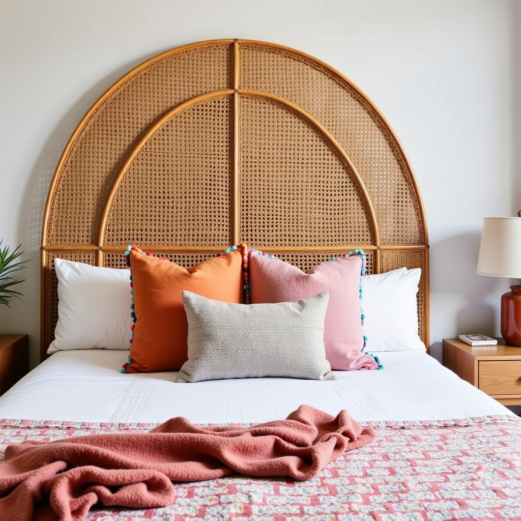 Rattan Zara Home headboard in a boho bedroom