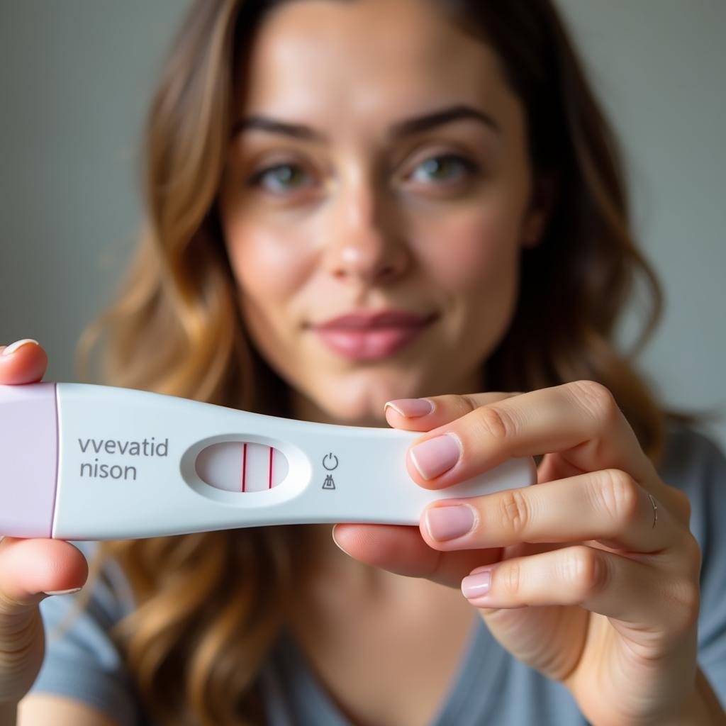 Close-up of a hand holding a pregnancy test displaying positive results