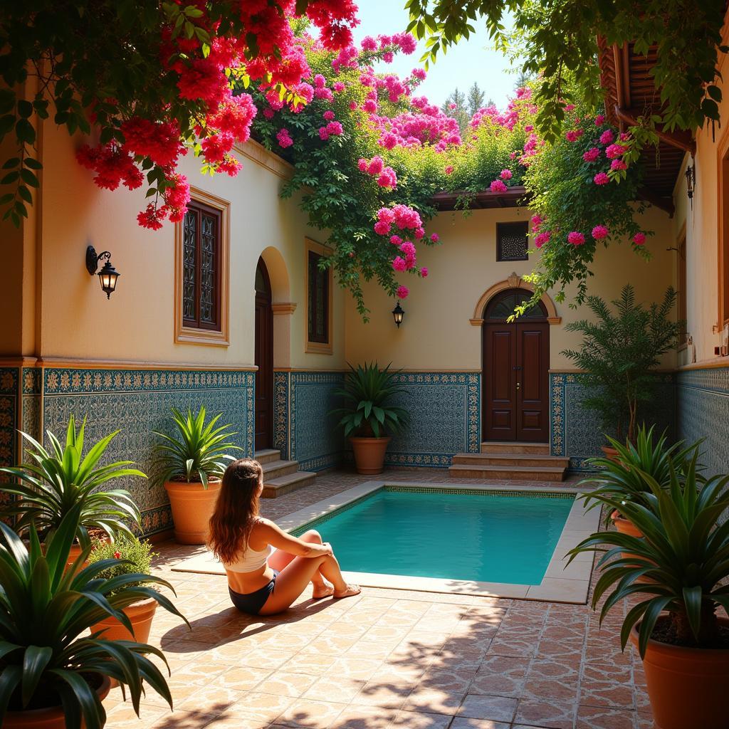 Unwinding in a tranquil Spanish courtyard, surrounded by lush greenery and traditional architecture