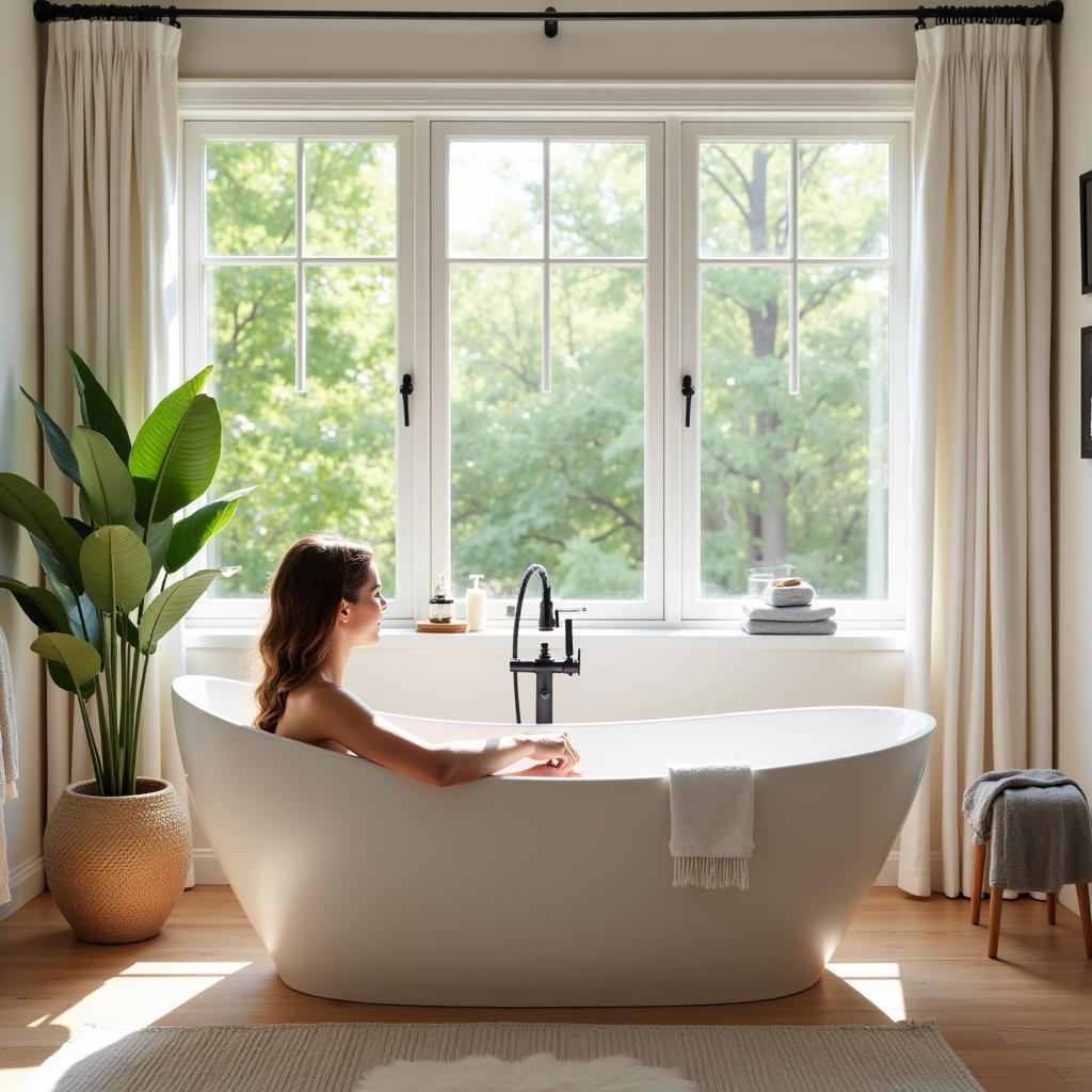 Woman relaxing in a bathtub in a brightly lit bathroom with Kave Home furnishings